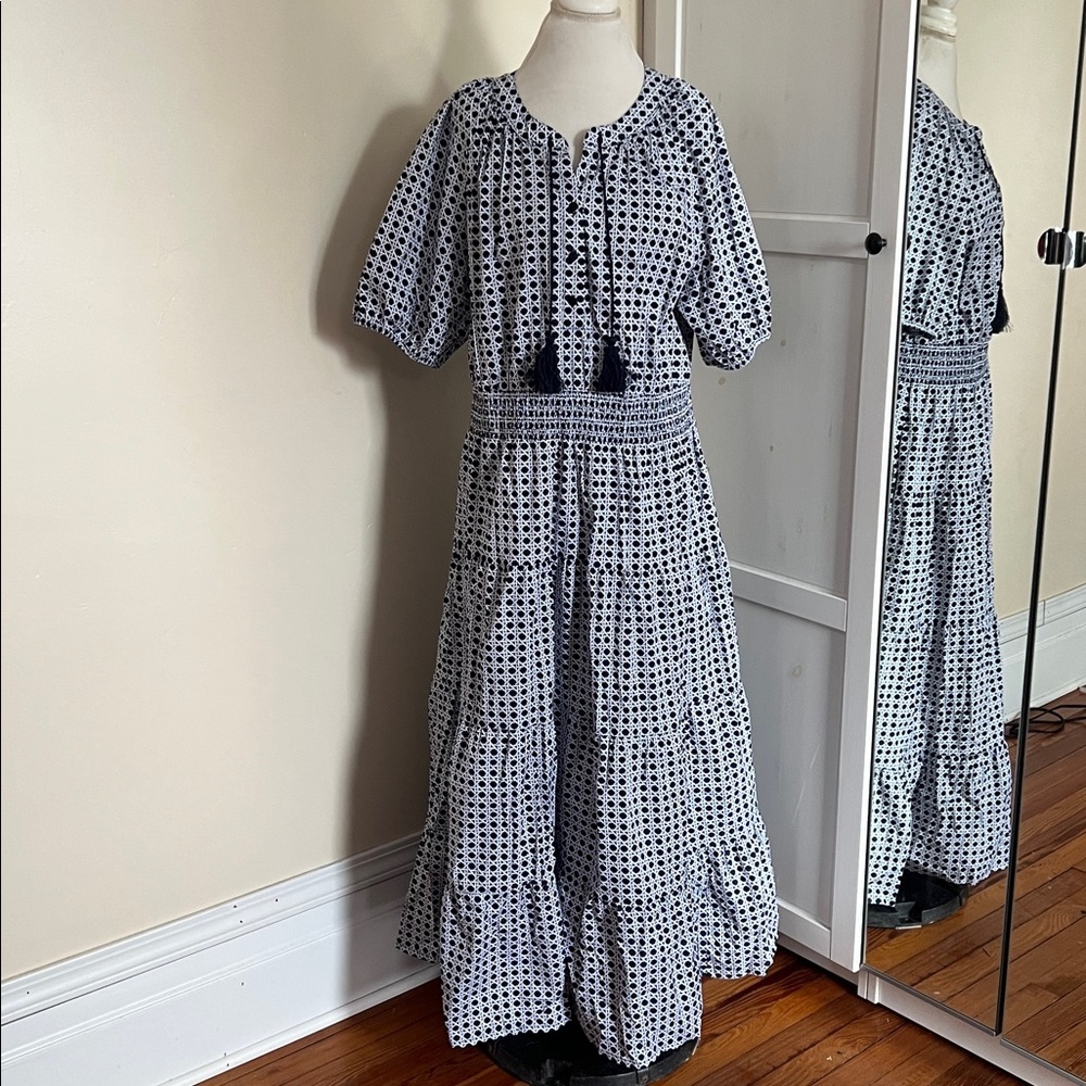 Chico’s Poplin Basket Weave Maxi Dress Smocked Tassel Blue White Chicos Size 3 - Picture 3 of 13